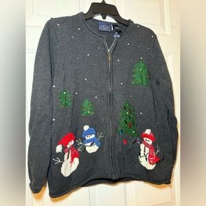 Crazy Horse Christmas Full Zip Sweater Pearl Snow Embroidered Snowmen Medium